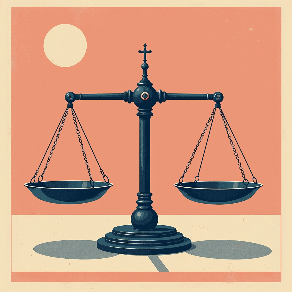 A precision balance scale holds equal weight plates, demonst