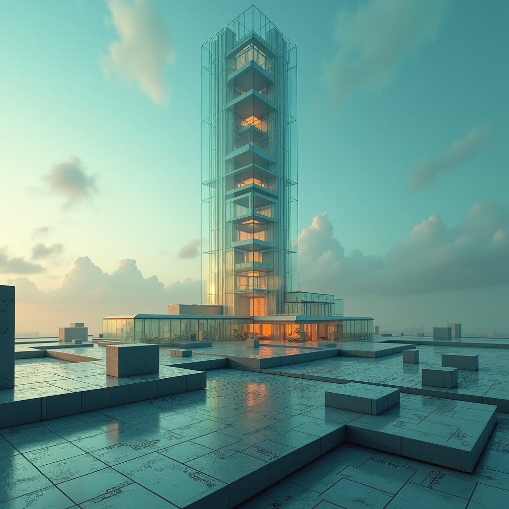 A towering glass structure rising from a geometric foundatio