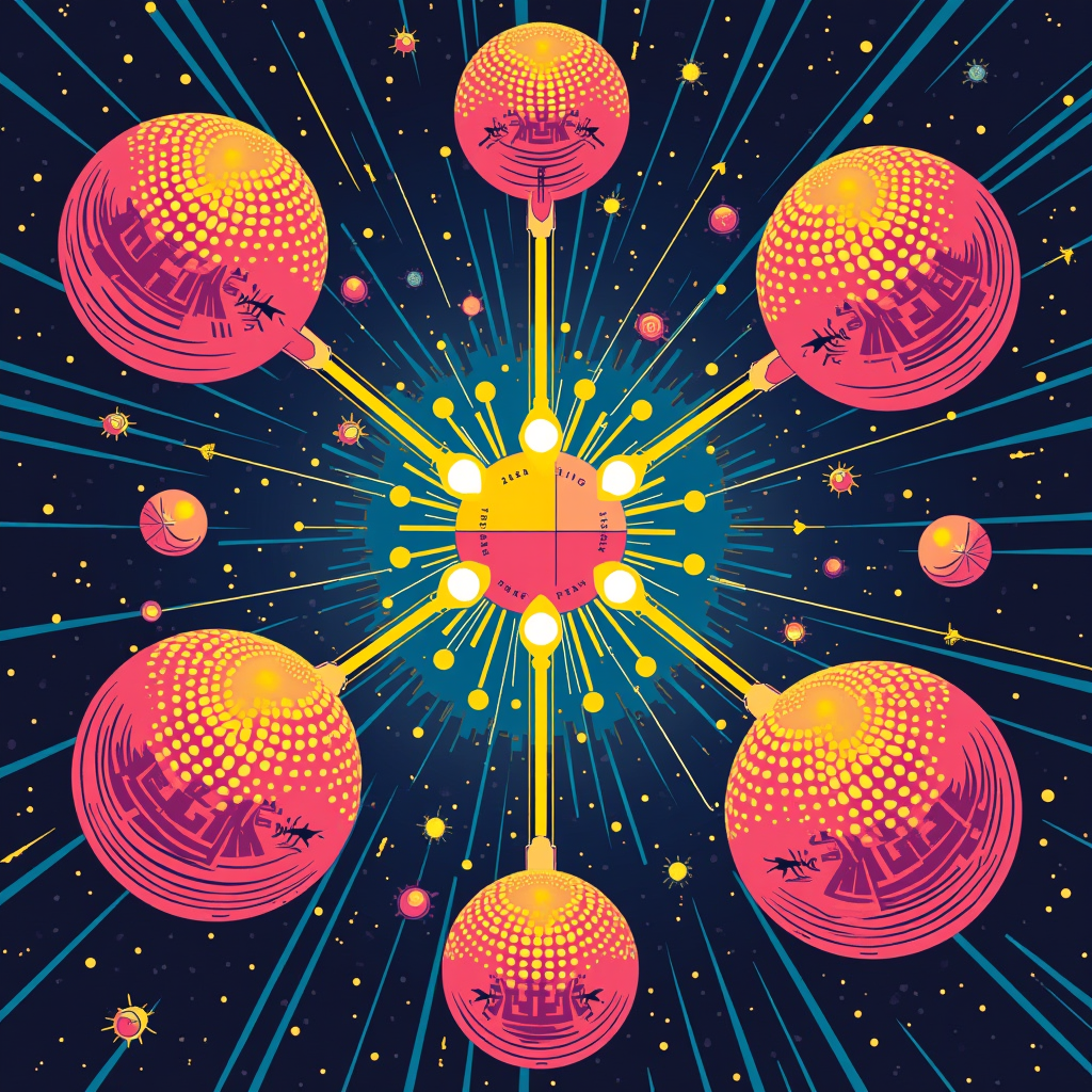 Five geometric spheres merging into a central prism, connect