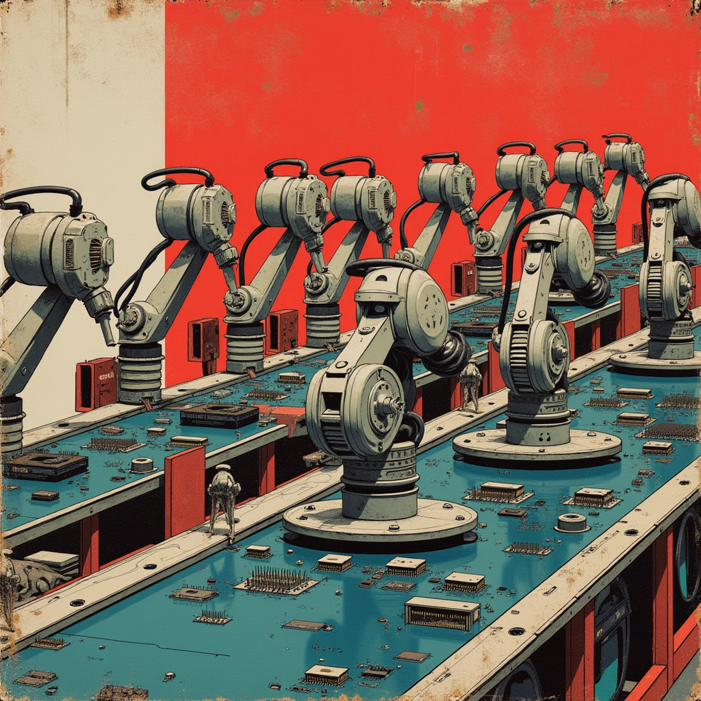 A mechanical assembly line with thirteen sequential robotic