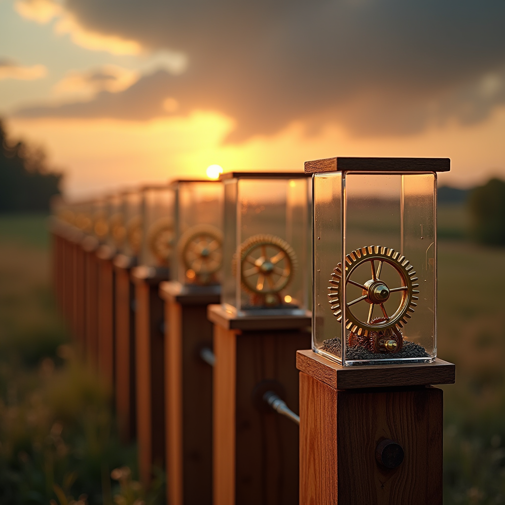 A row of transparent glass cubes, each containing a small br