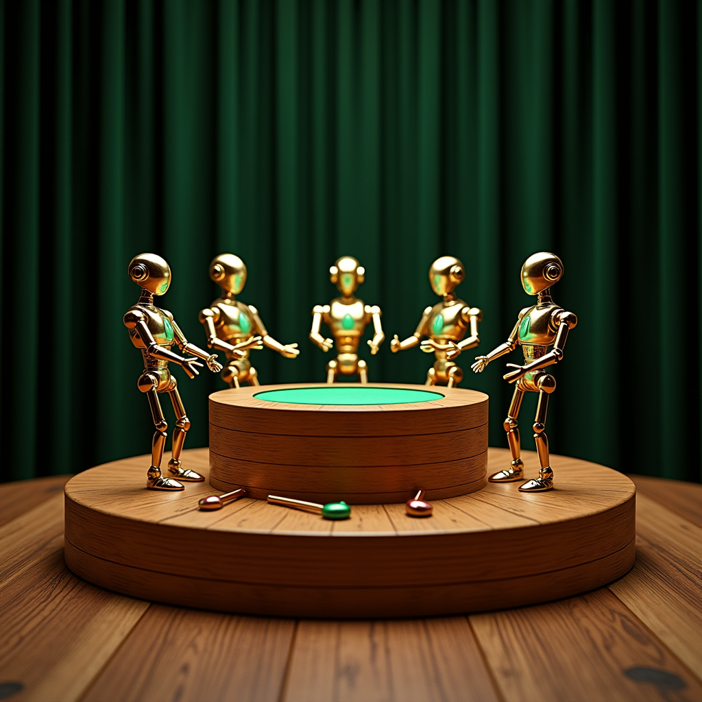 A wooden podium overlooking a circular table of six mechanic