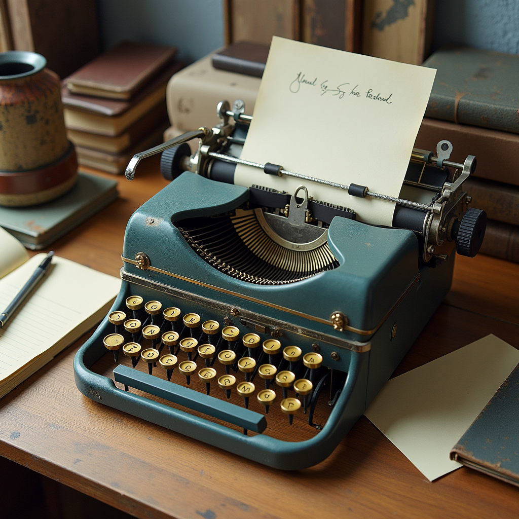 A brass typewriter resting on a wooden desk, surrounded by n