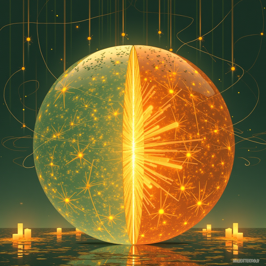 A split sphere divided between translucent light waves and s