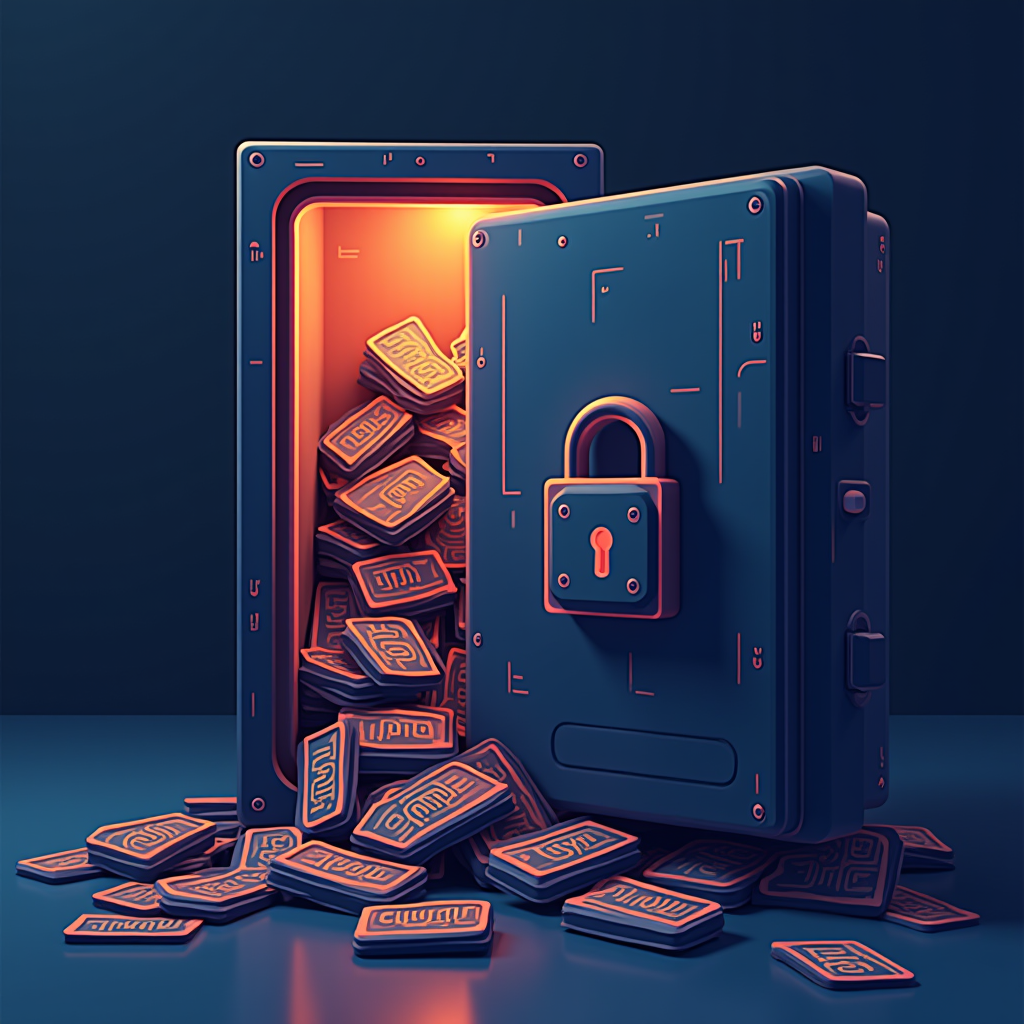 A digital vault overflowing with encrypted data packets, gua