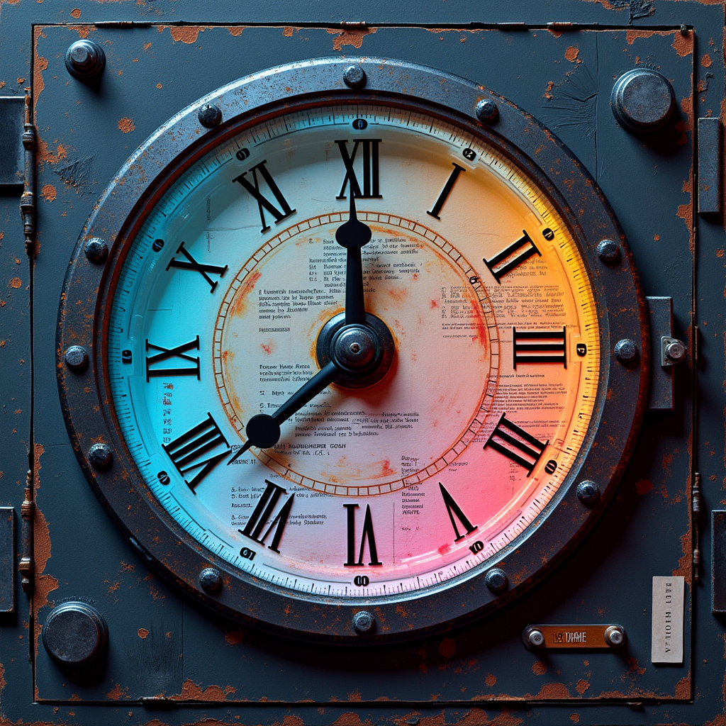 A translucent clock face with reverse-spinning hands, unlock