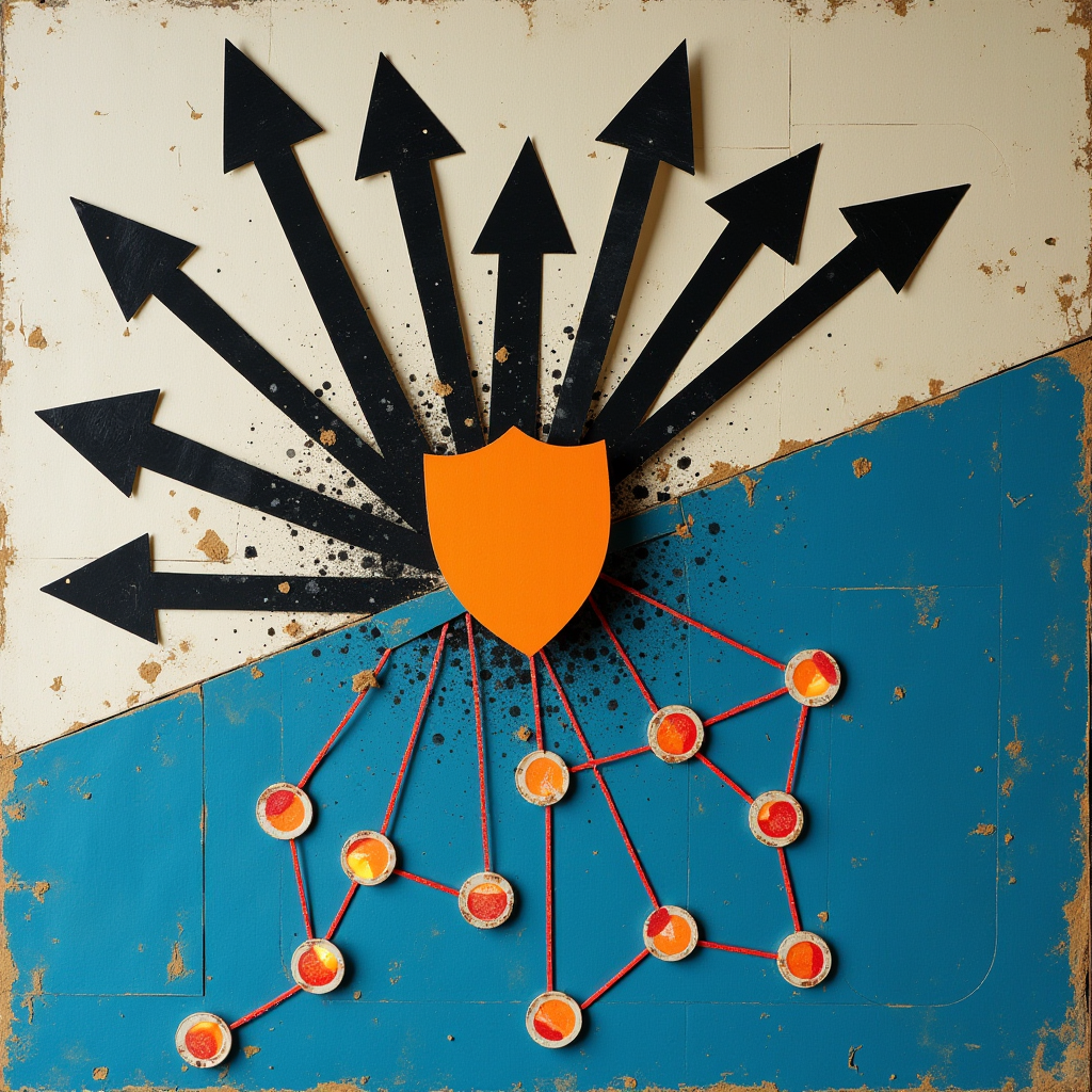 A geometric shield blocking a swarm of jagged black arrows f