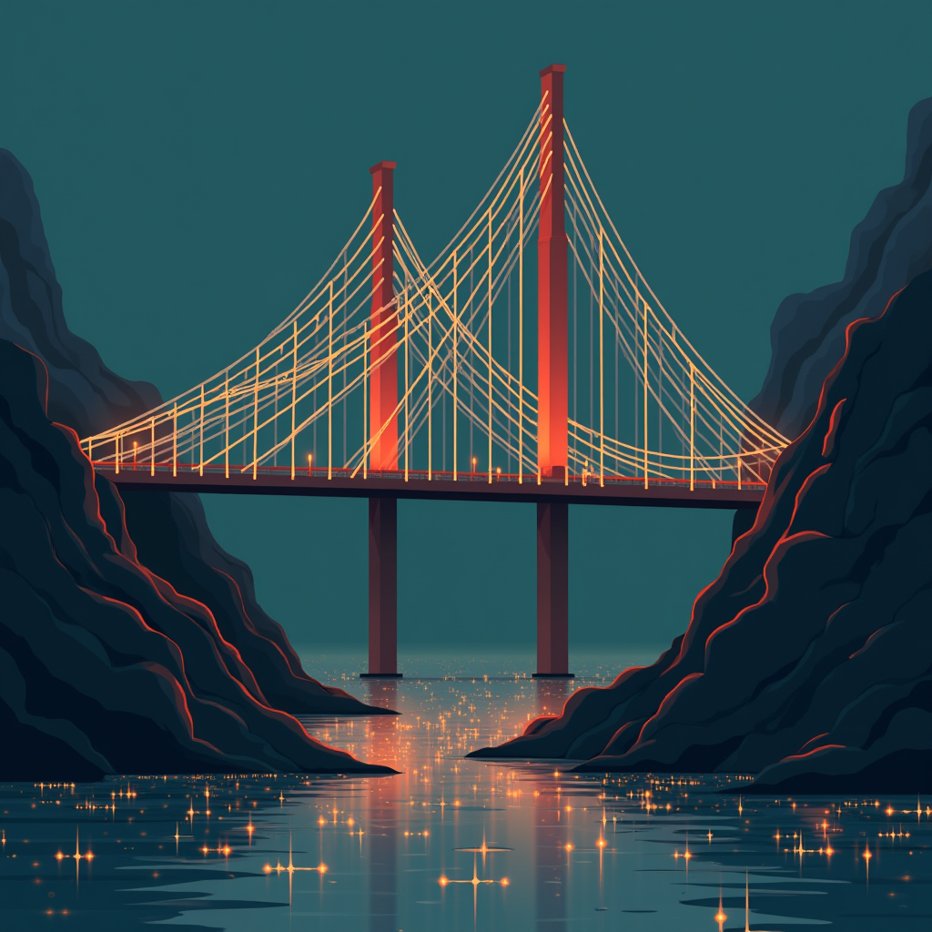 Fiber optic cables interlocking to form a sturdy bridge stru
