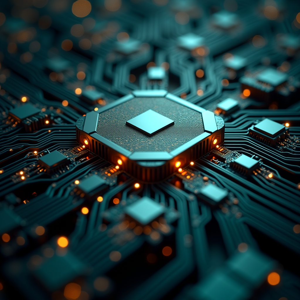 A central hexagonal processor unit connected to multiple per