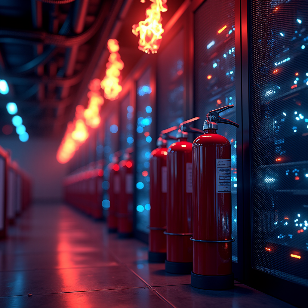 A row of polished fire extinguishers stands beside glowing s