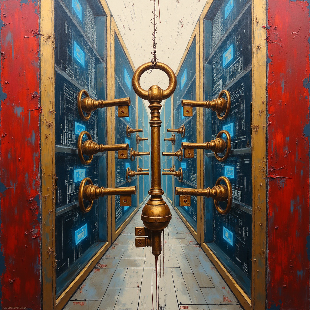 Massive brass keys hang from a central control panel, each k