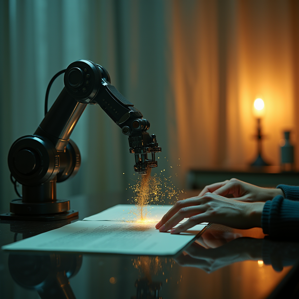 A sleek mechanical arm assembling data blocks while human ha
