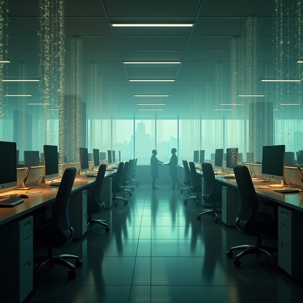 A modern office floor with empty workstations gradually fill