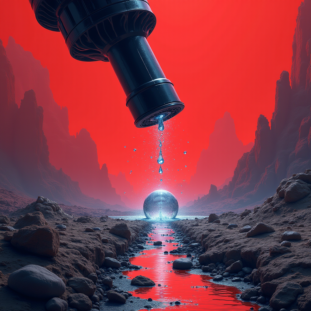 A rocket nozzle dripping clear water onto parched earth, eac