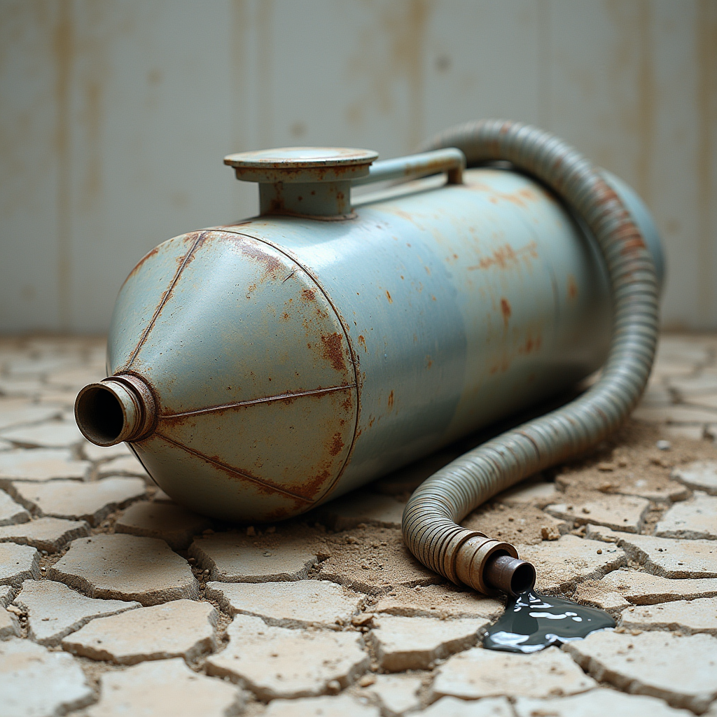 A rocket fuel tank resting beside a rusted garden hose, both