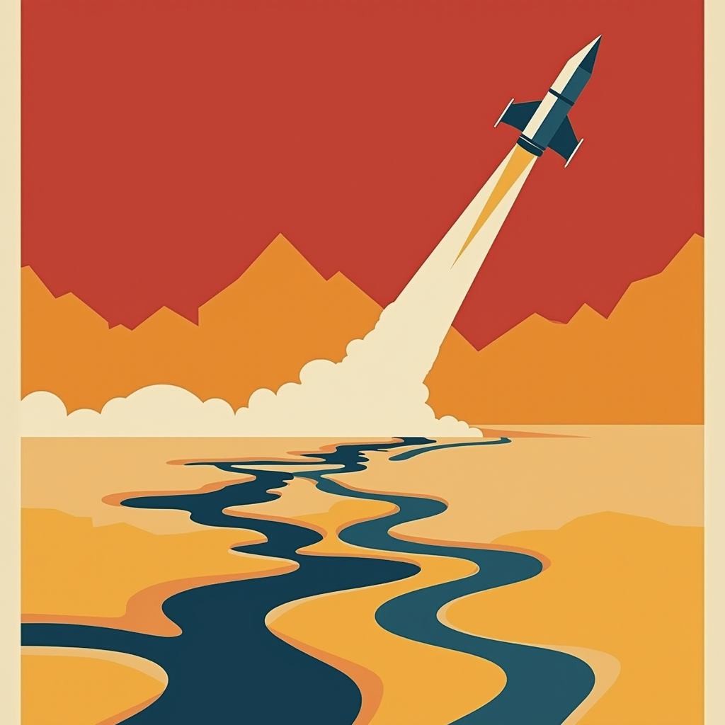 A rocket ascending, leaving a vapor trail that morphs into a