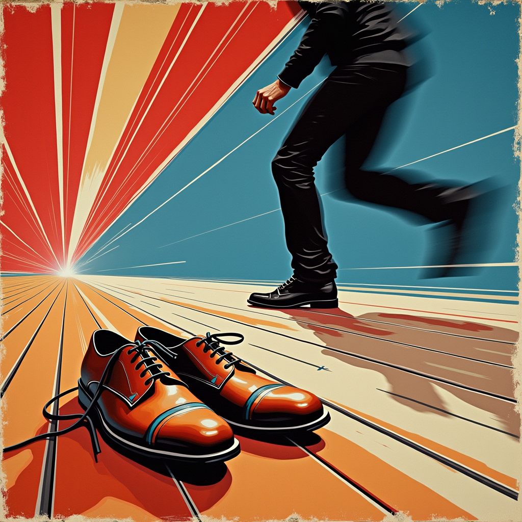 A pair of untied leather shoes rests on a wooden floor while