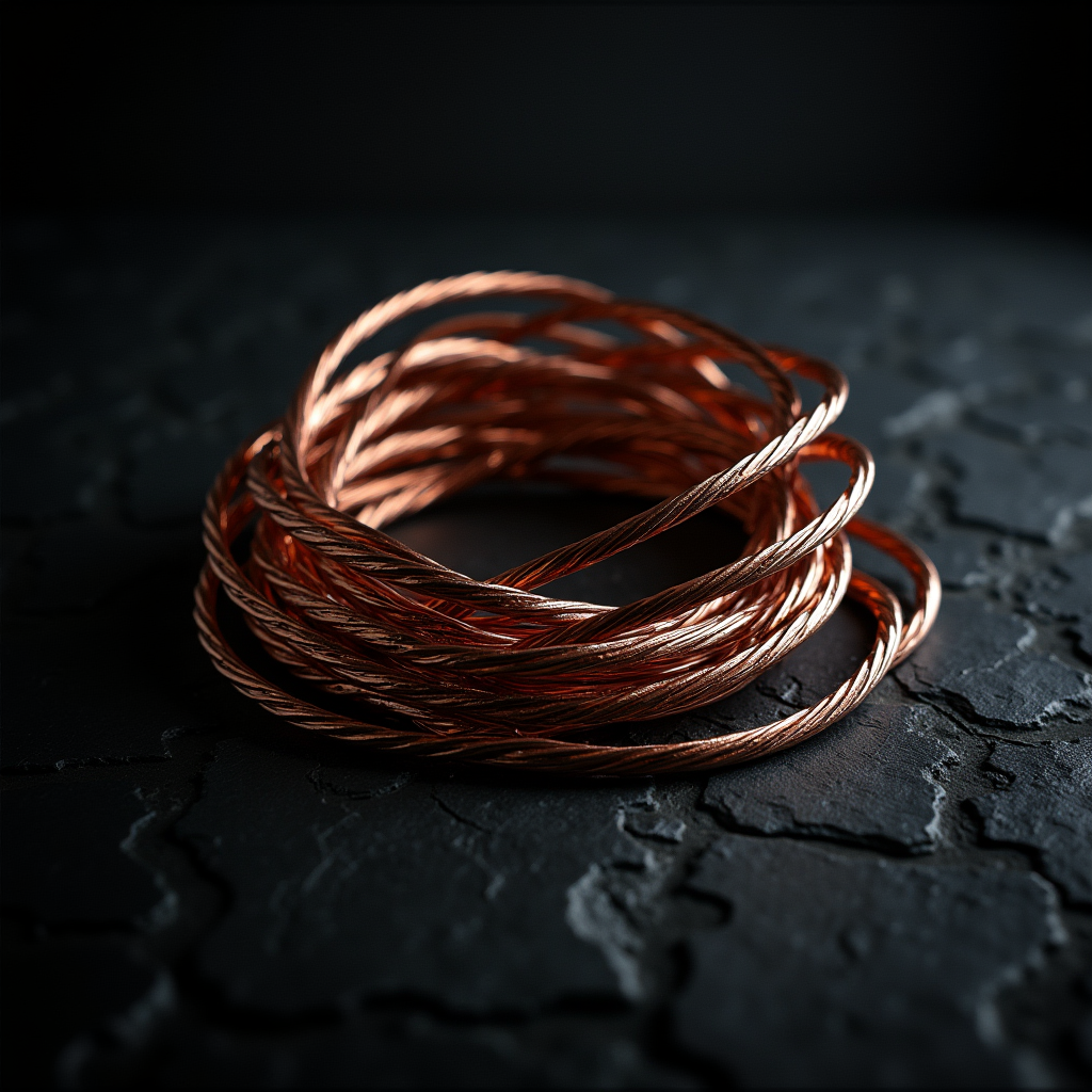 A tangle of copper wires gradually untwisting into parallel 