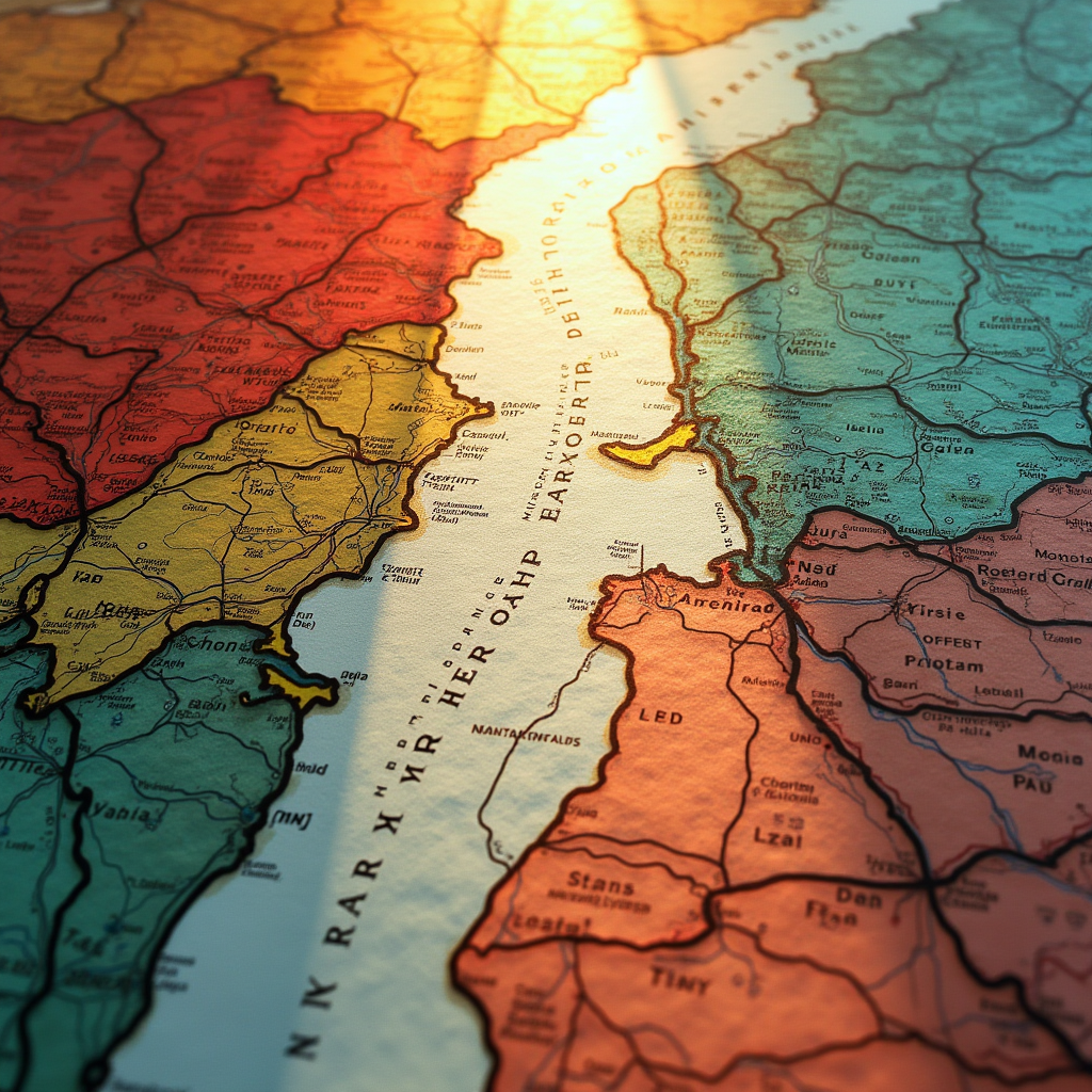 Overlapping paper maps being gently lifted to reveal a blank