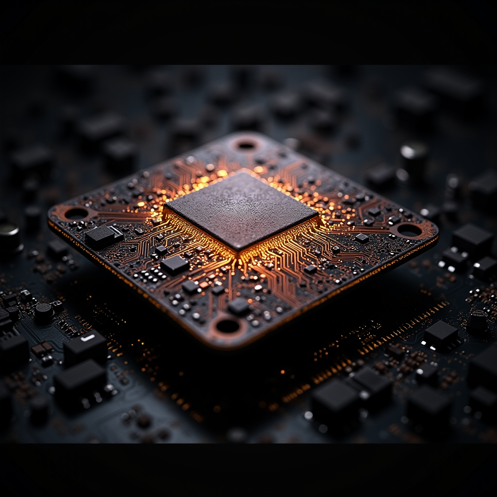 A standard desktop computer motherboard overlaying a floatin