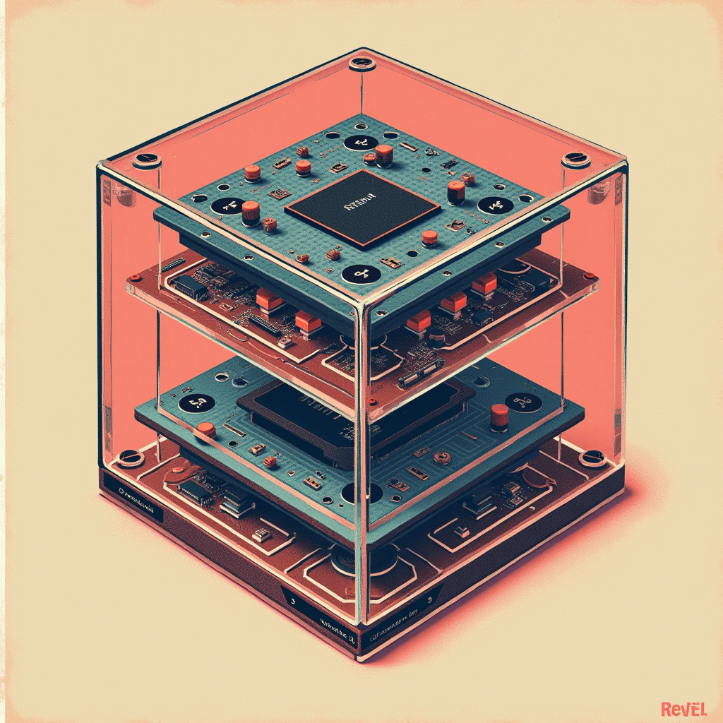 Transparent glass enclosures stack neatly, each containing l
