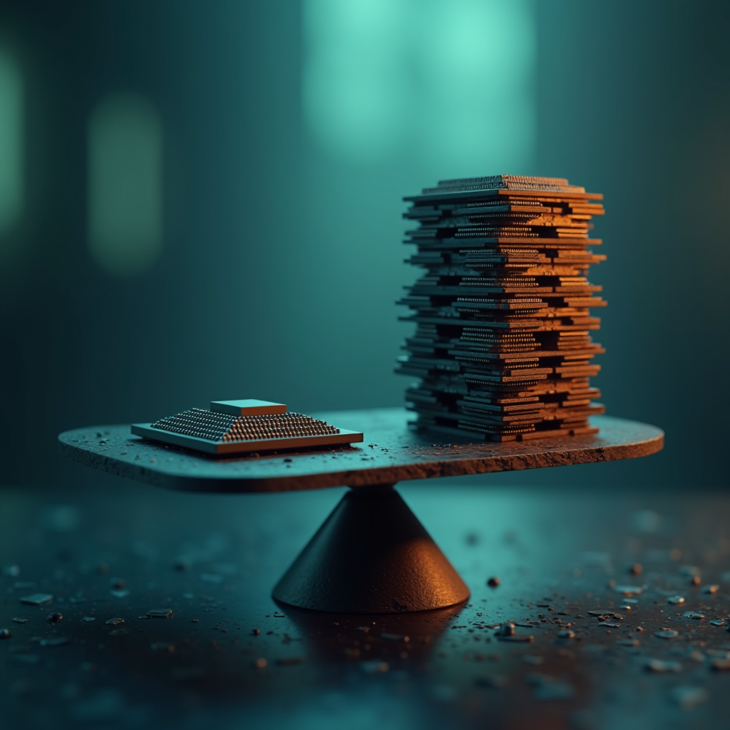A balance scale weighs a single open architecture chip again