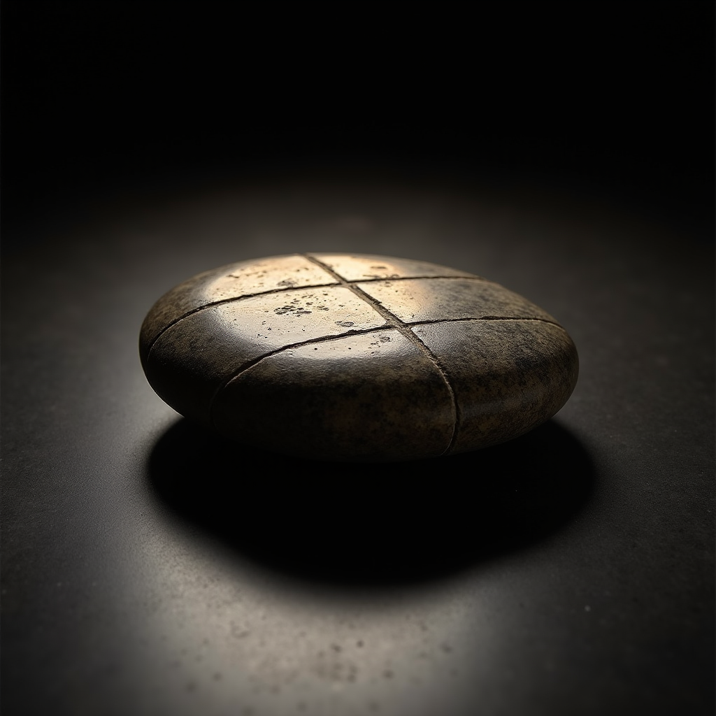 A polished river stone resting flat, casting a sharp grid-li