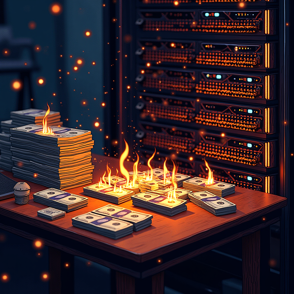 A wooden desk covered in stacks of burning dollar bills next