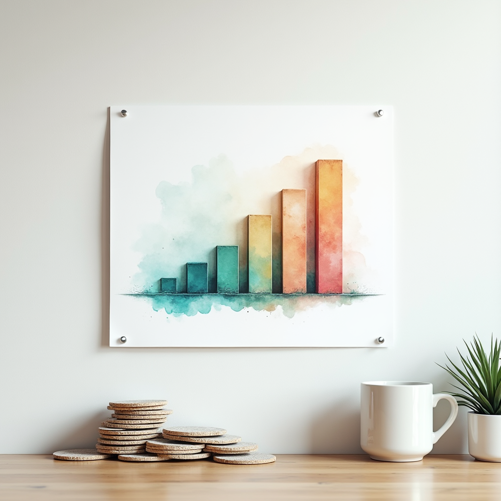 An office wall mounted with a rising bar chart model beside