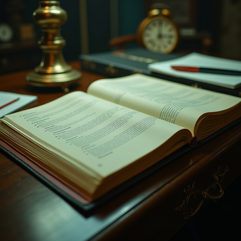A thick binder displays open safety pages on a polished desk