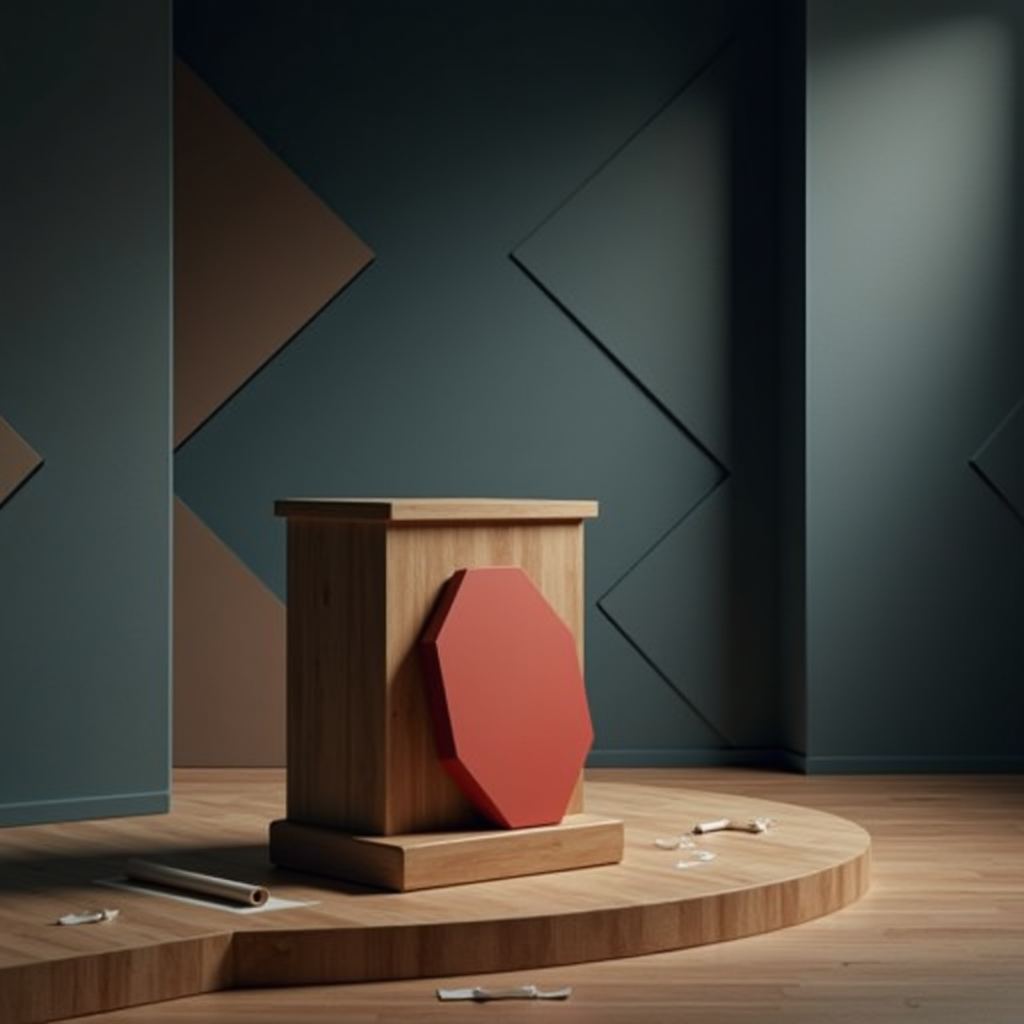 A polished wooden podium stands empty on a stage, with a red