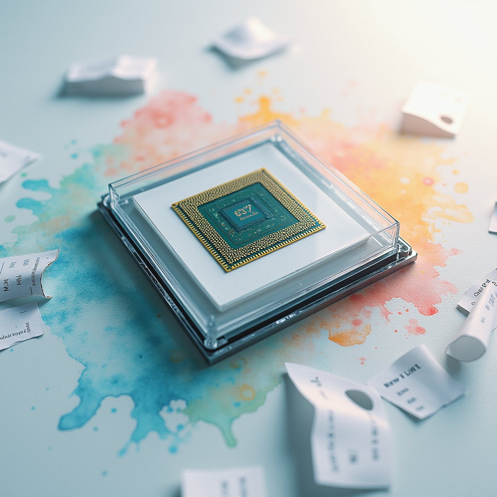 A sleek processor chip rests inside a transparent casing, su
