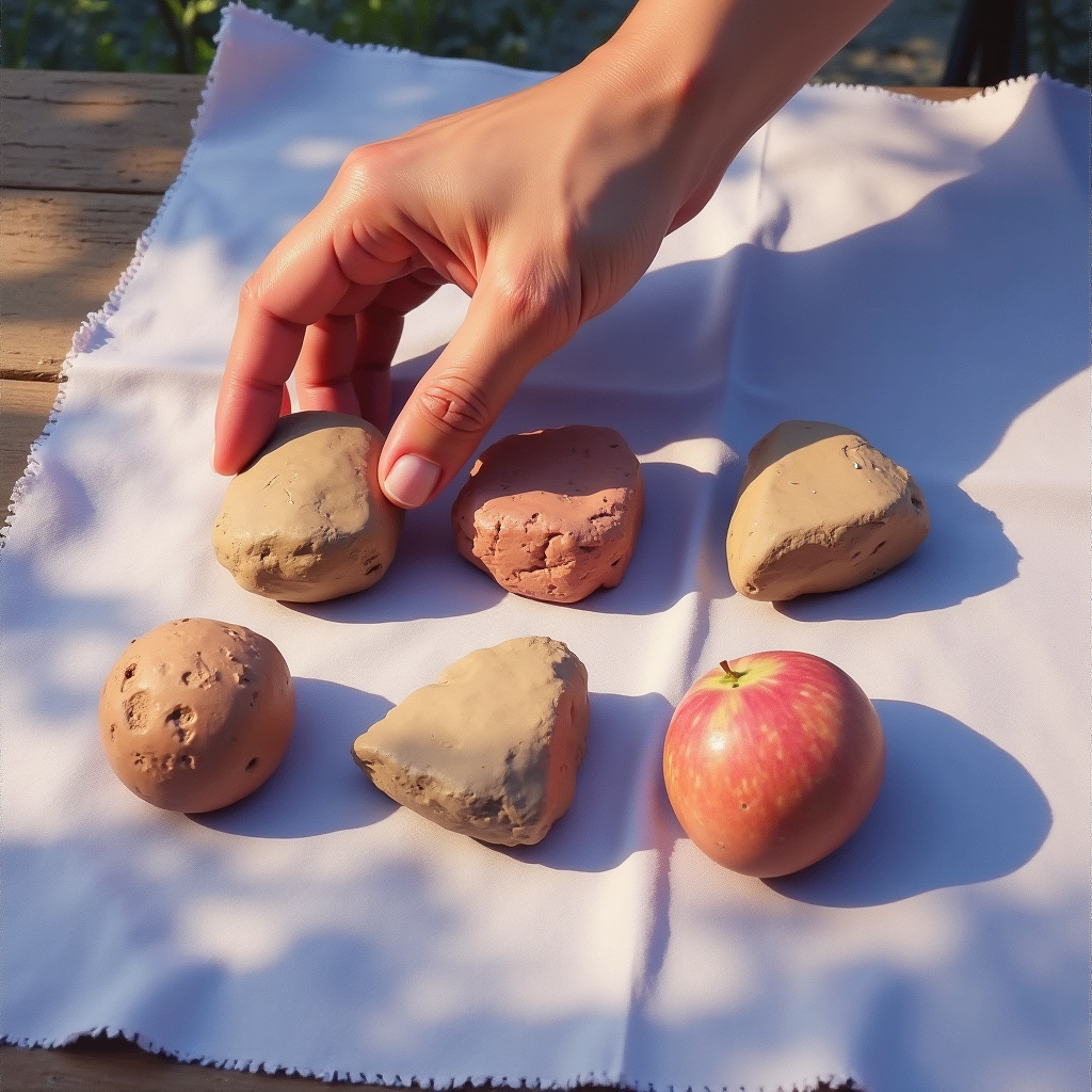 A weathered clay hand gently pressing raw river stones into
