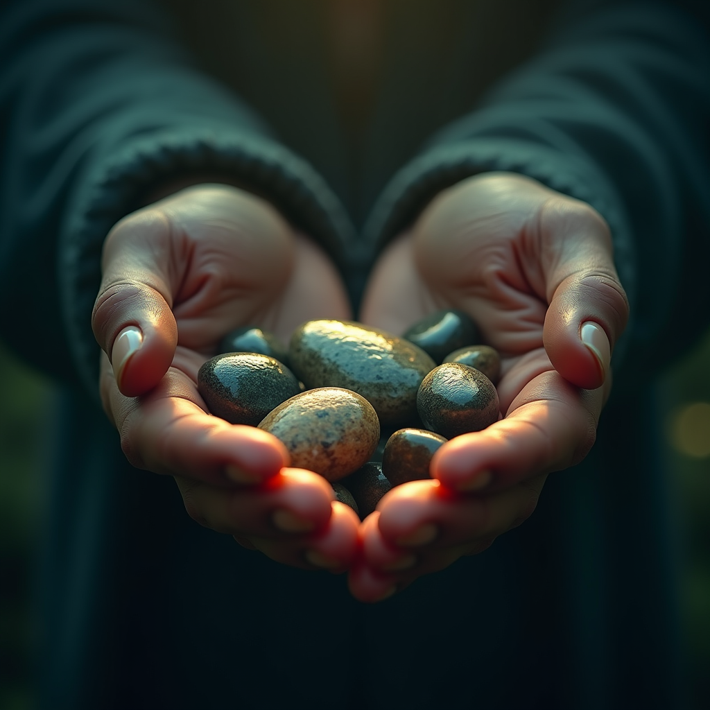 A master translator passing smooth river stones between hand