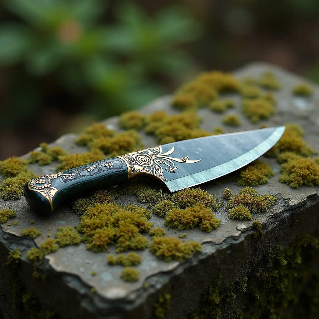 A single polished obsidian blade resting on mossy stone, sha