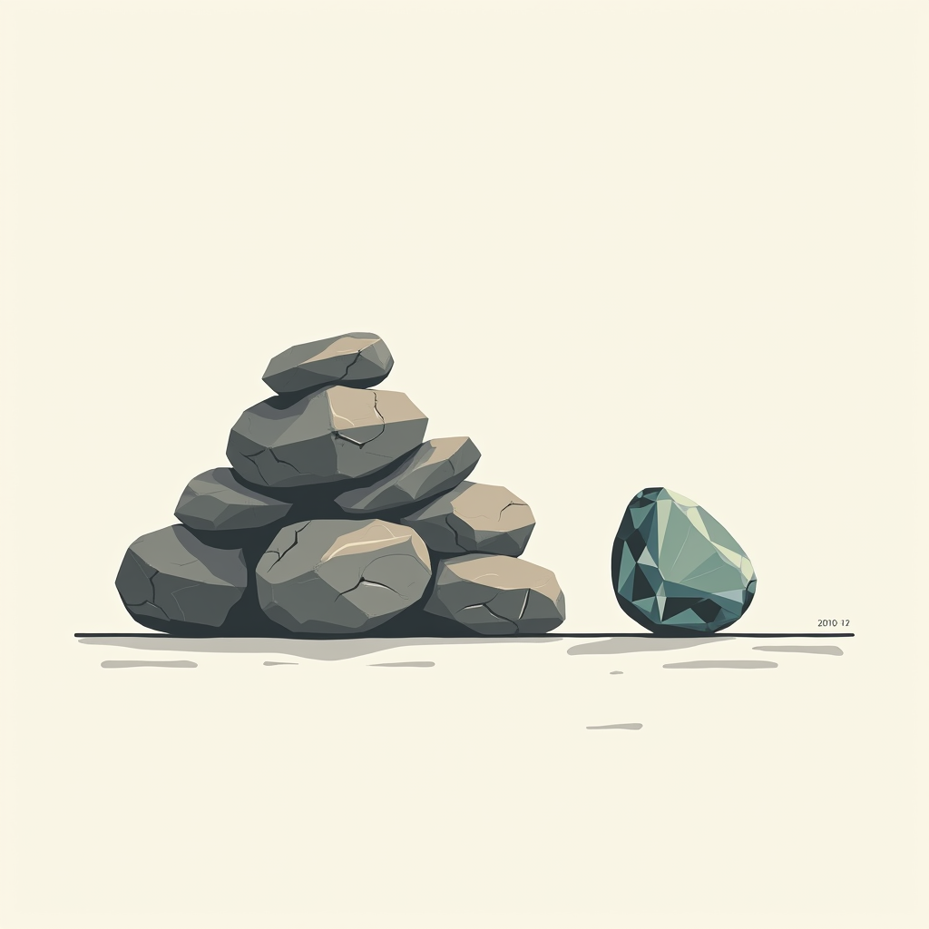 Piles of uncut river stones beside a single faceted gemstone
