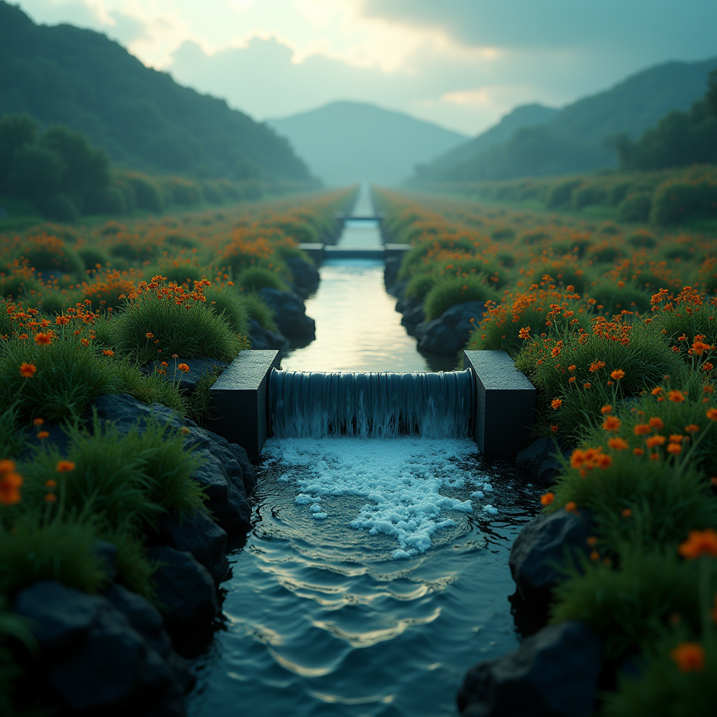 A sprawling irrigation network branching into a focused hydr