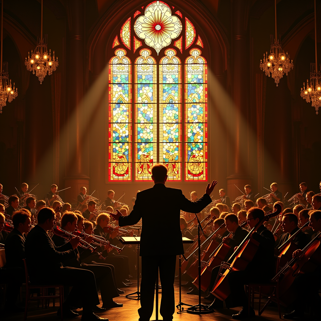 A conductor guiding a massive orchestra with subtle hand ges