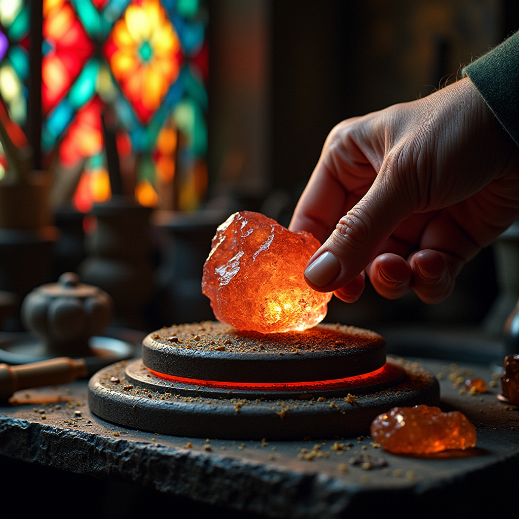 A jeweler polishing a rough gemstone with a steady rotating