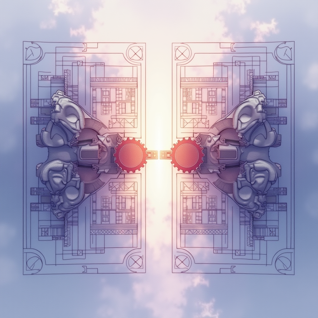 Two overlapping blueprint sheets showing synchronized buildi