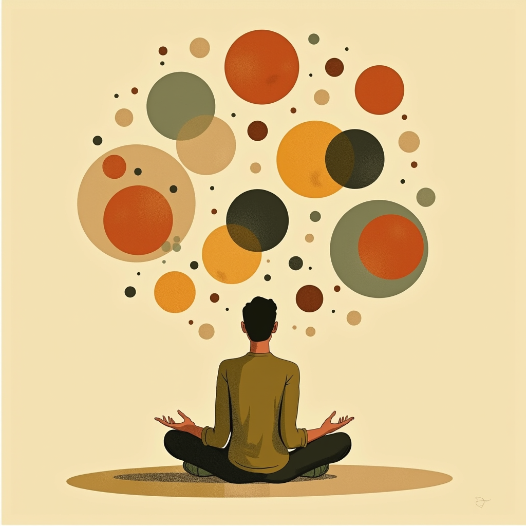 A figure sitting calmly while abstract geometric shapes asse