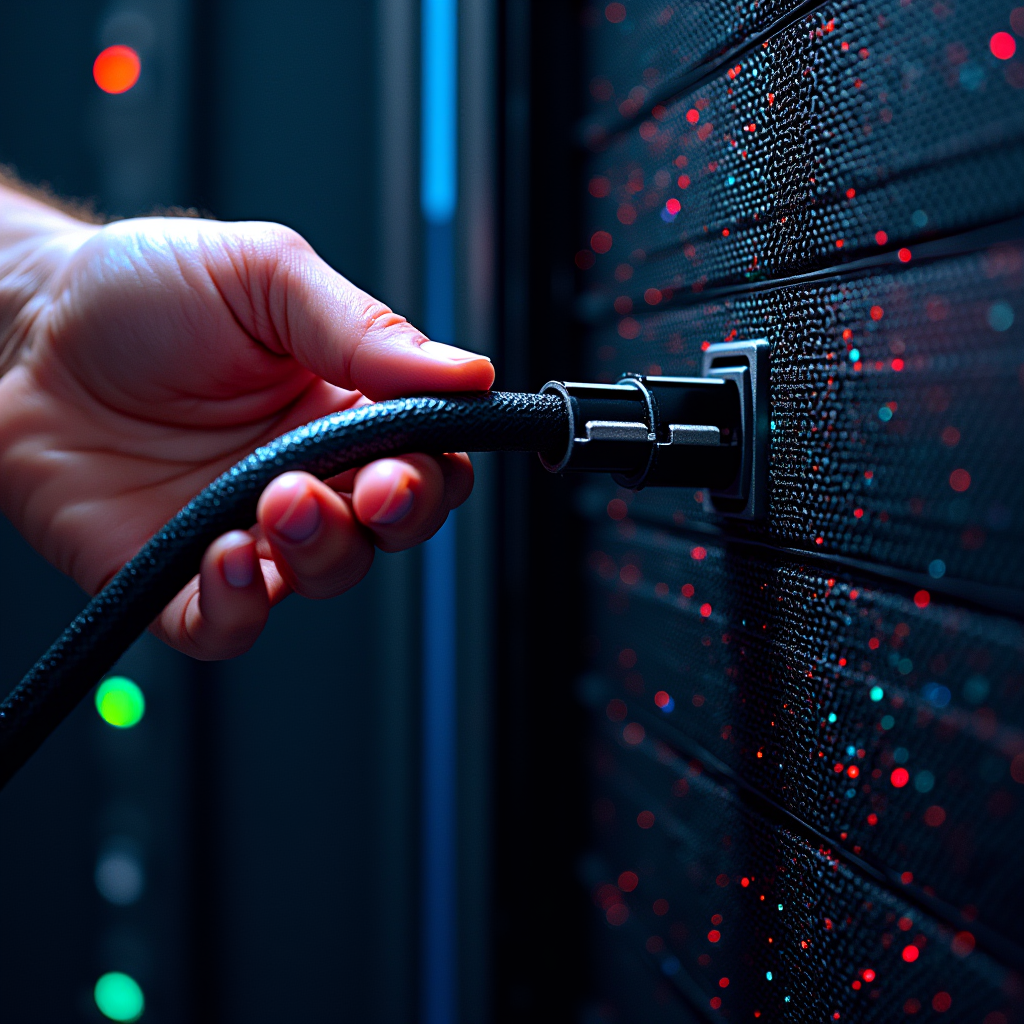 A hand pulling a thick black cable from a server rack, leavi
