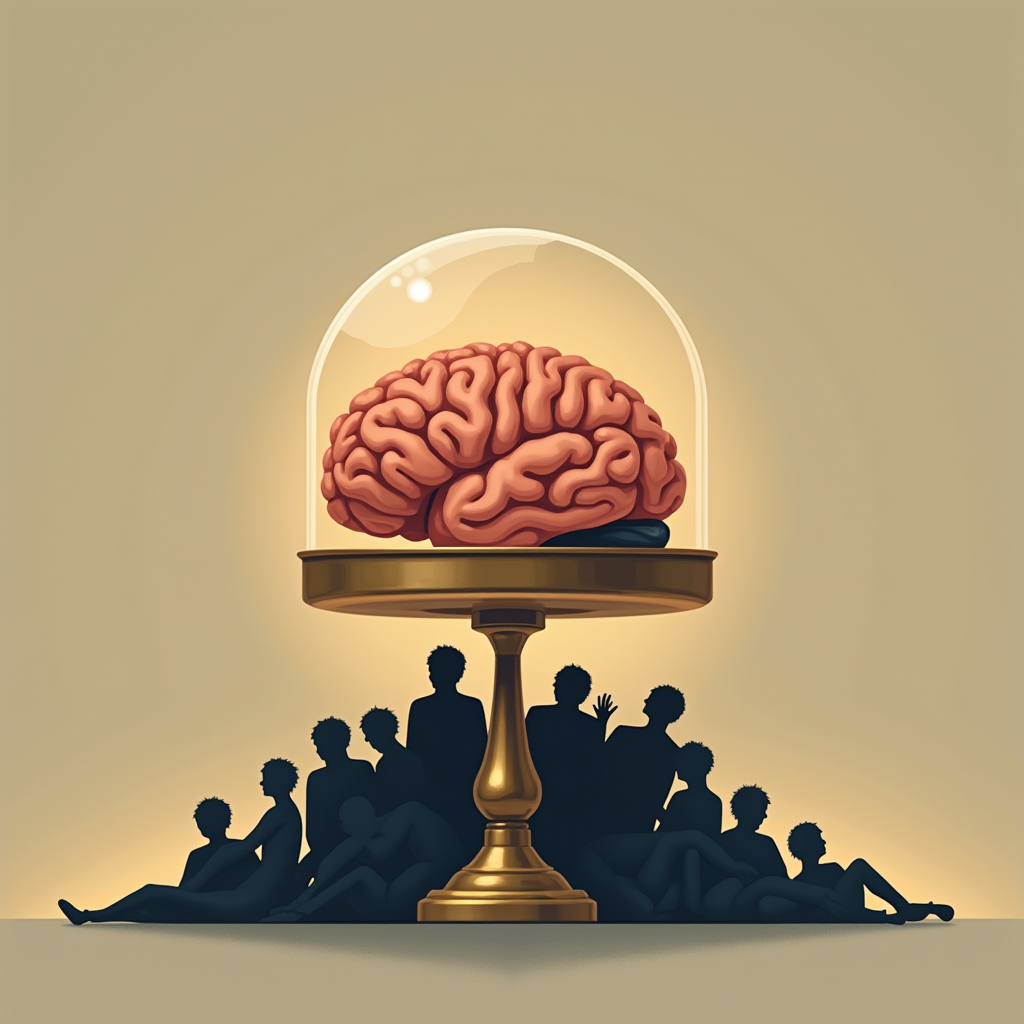 A transparent ceramic brain resting on a brass scale, tippin