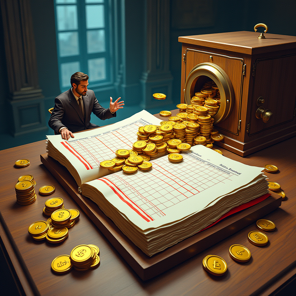 A wooden ledger book with gold coins spilling from one colum